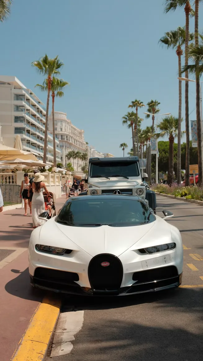 A white Bugatti on La Croisette in Cannes