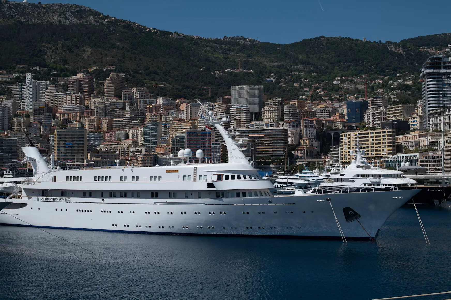 A superyacht moored in Monaco harbour