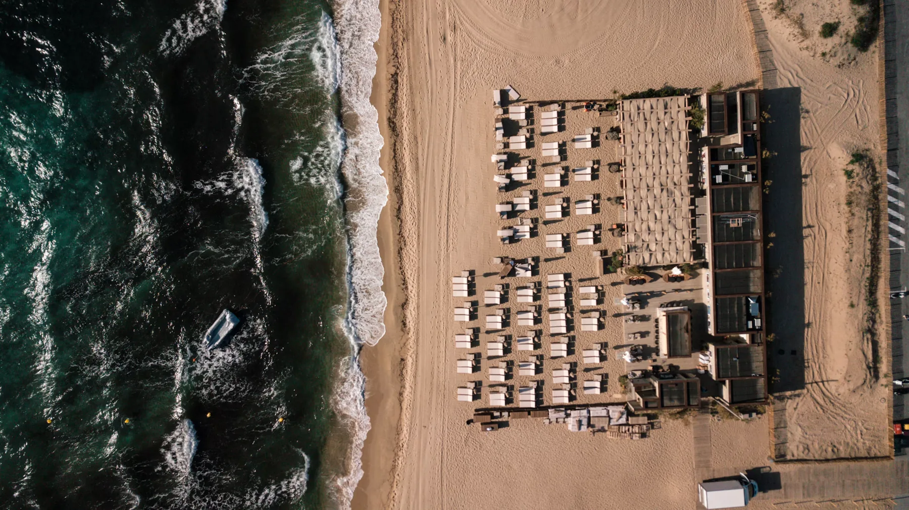Aerial view of a Pampelonne beach club and turquoise water
